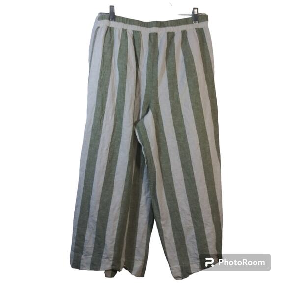Beachlunchlounge Green Stripe Linen Wide Leg Crop Pull On Pants Size L - Picture 2 of 9